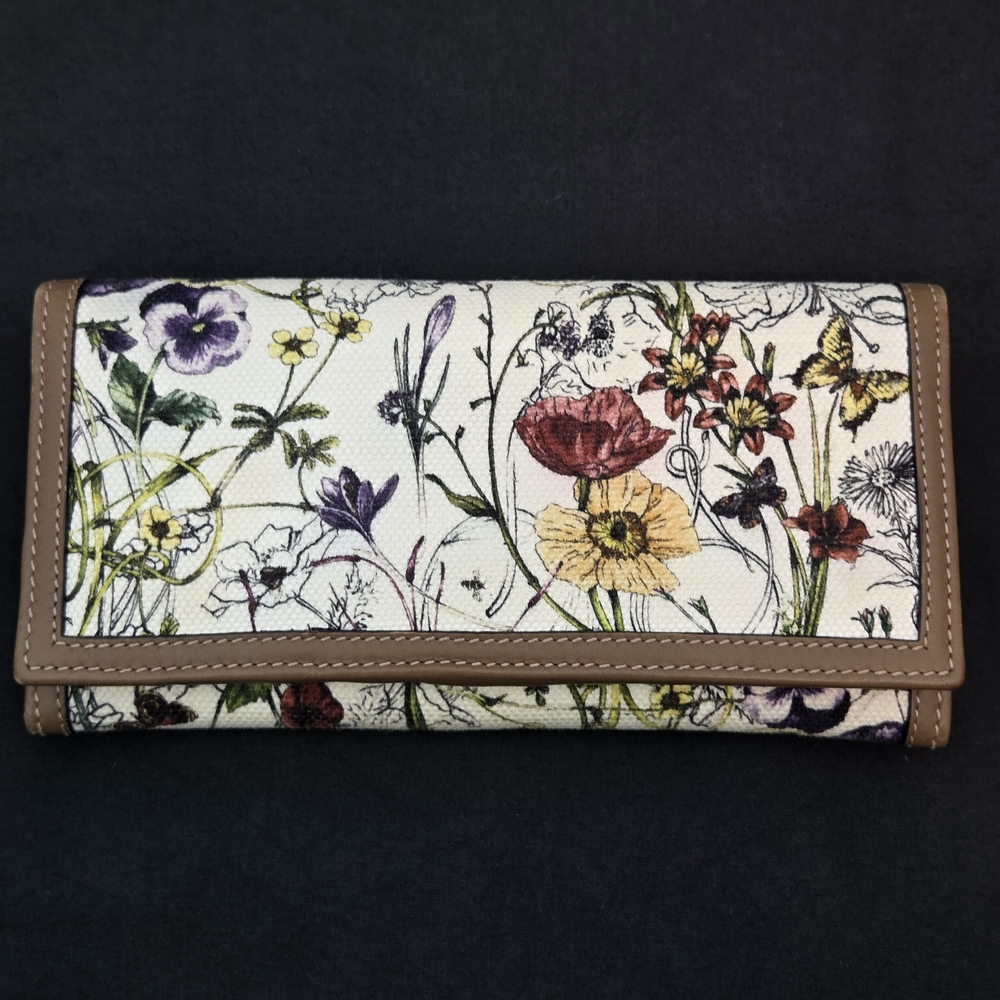 Gorgeous Gucci Floral Print Canvas Long Wallet with Brown Leather Trim